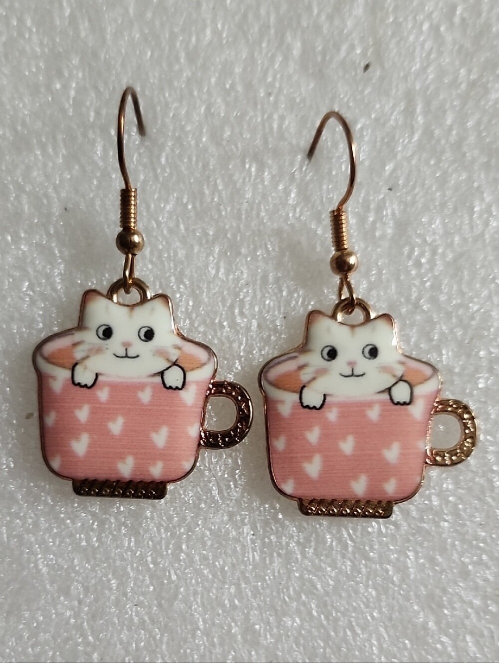 Hand Crafted Pink Cat-in-Teacup Earrings